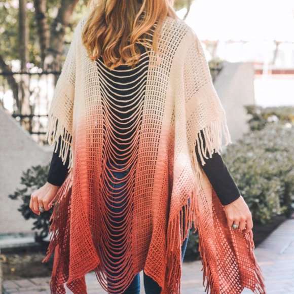 Wholesale Irina Cut Out Boho Ombre Kimono Ruana for your  Fringe Boho Style Ombre Ruana